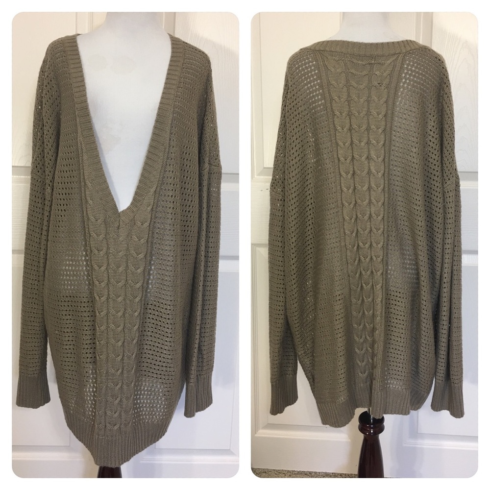 LF Millau sage green oversized deep v neck cable knit cotton sweater